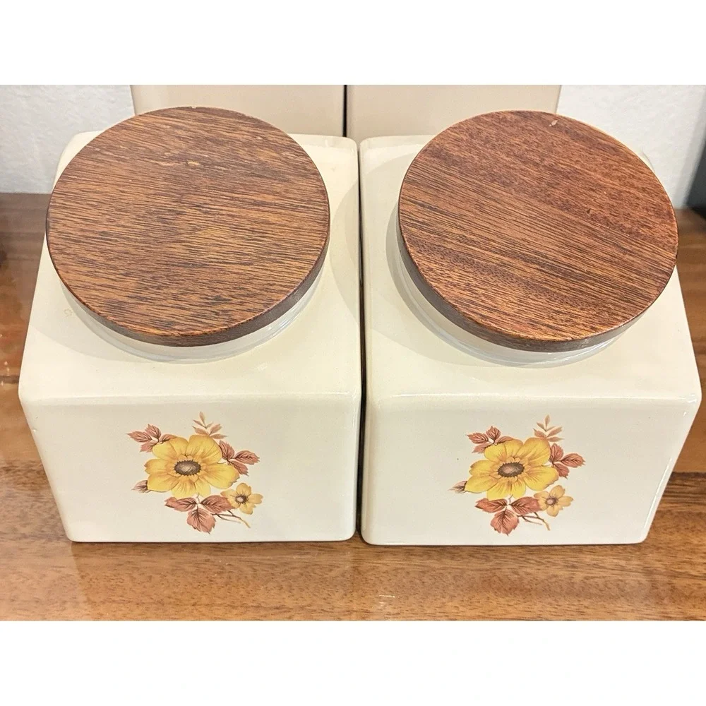 Vintage Hyalyn USA Mid-Century Modern Wildflowers Canister Set of 4 Wooden Lids